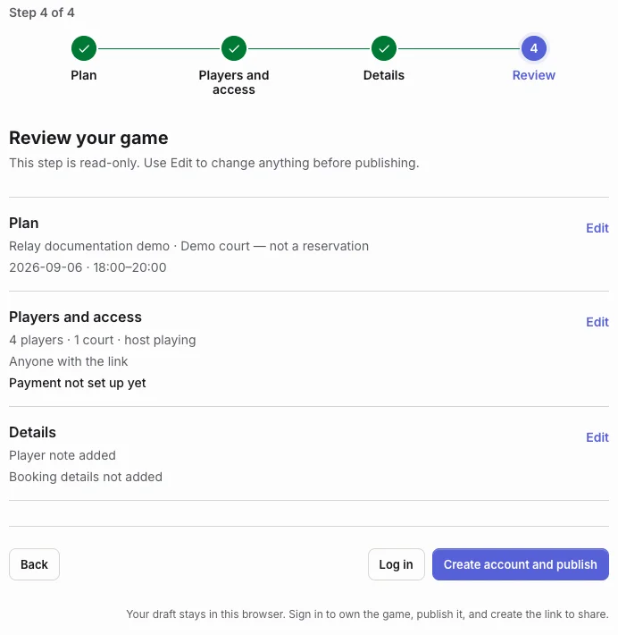 Review with four players, one court, link-only access, unset payment, and Create account and publish