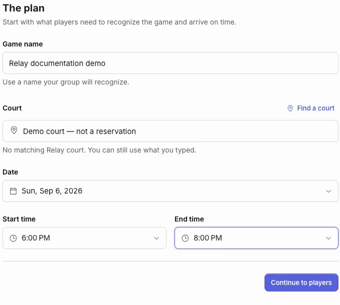 Plan form with a synthetic game name, manual demo court, date, and start/end times